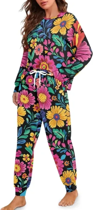 Pajama Set for Women 2 Piece Lounge Pjs Sets Long Sleeve Tops and Matching Long Pants Crew Neck Sleepwear Nightwear