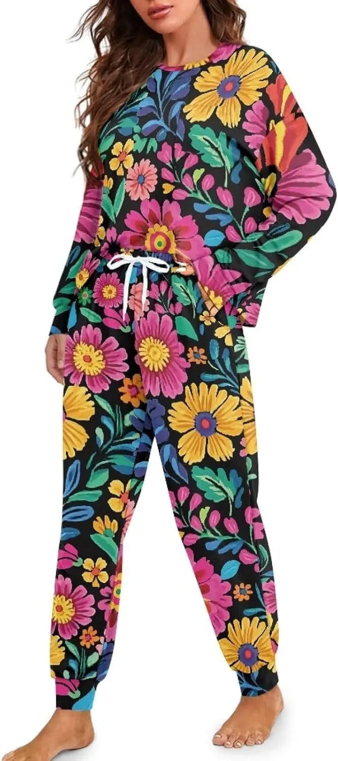 Pajama Set for Women 2 Piece Lounge Pjs Sets Long Sleeve Tops and Matching Long Pants Crew Neck Sleepwear Nightwear
