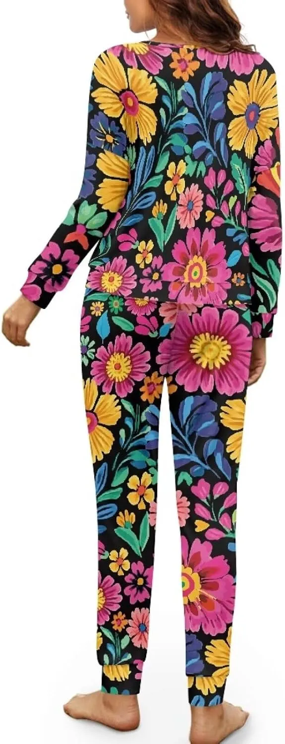 Pajama Set for Women 2 Piece Lounge Pjs Sets Long Sleeve Tops and Matching Long Pants Crew Neck Sleepwear Nightwear