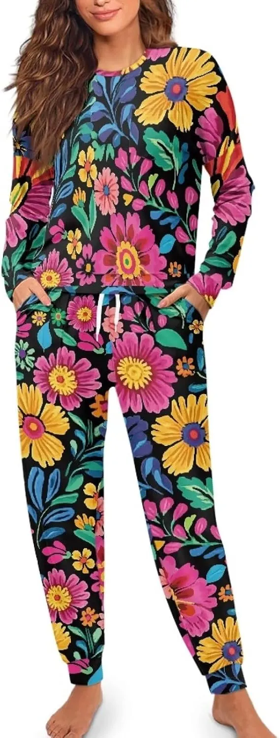 Pajama Set for Women 2 Piece Lounge Pjs Sets Long Sleeve Tops and Matching Long Pants Crew Neck Sleepwear Nightwear