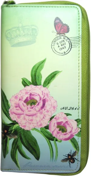 Peony Flower and Bee - Airmail Love Letter from London Art Faux Leather Zip Around Wristlet Clutch Wallet
