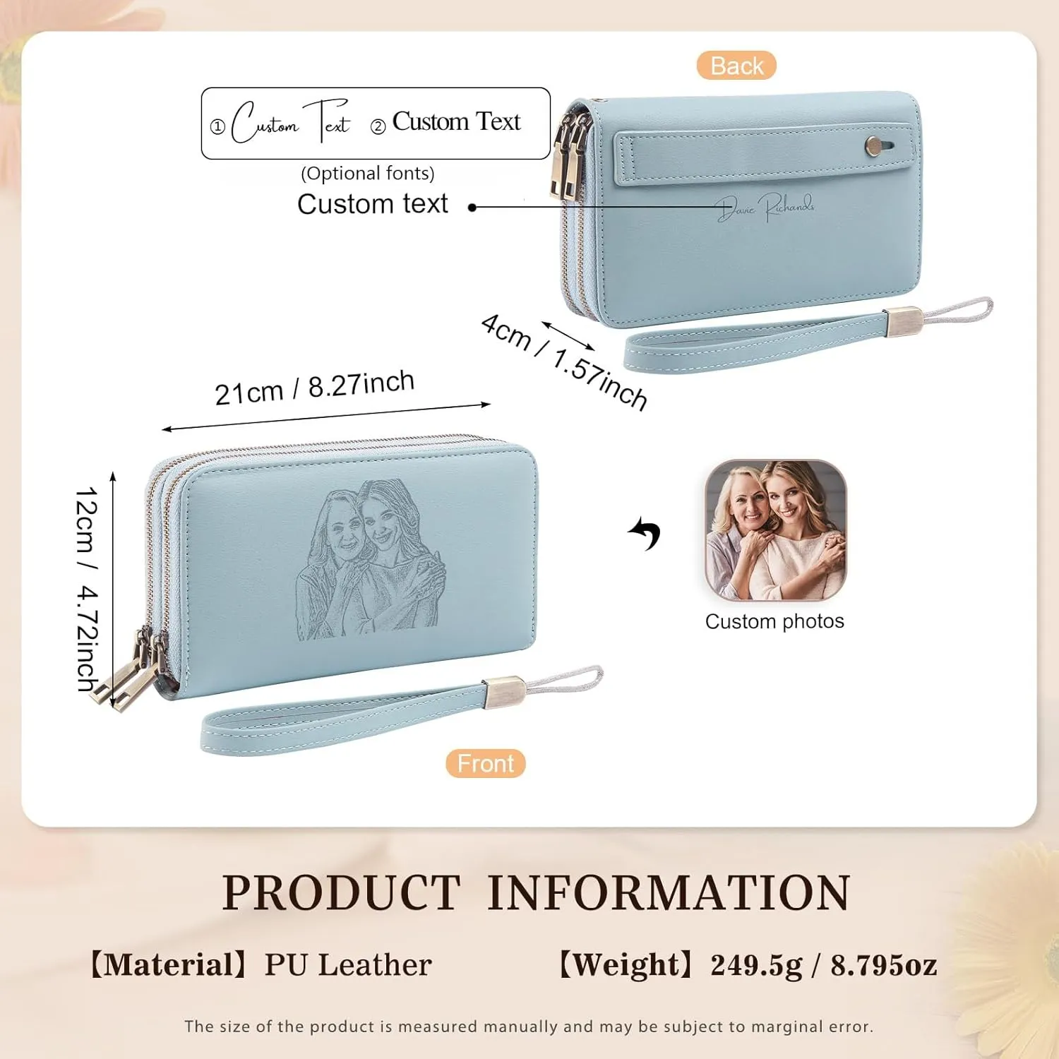 Personalized RFID Wallets for Women  Custom Name & Photo Leather Clutch, Double Zipper Large Capacity Wristlet, Mothers Day Wallet Gift for Mom Wife (BLUE)