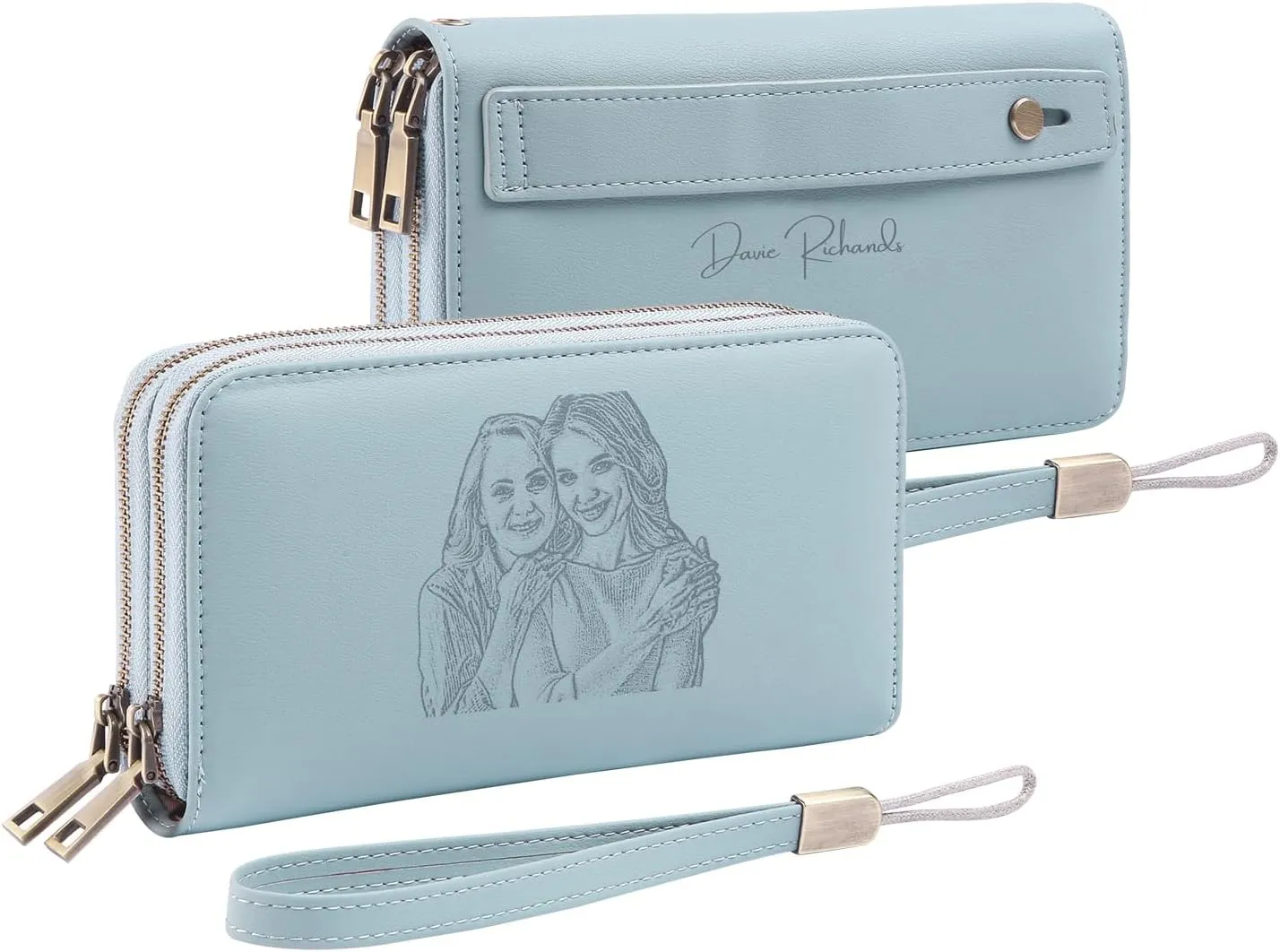 Personalized RFID Wallets for Women  Custom Name & Photo Leather Clutch, Double Zipper Large Capacity Wristlet, Mothers Day Wallet Gift for Mom Wife (BLUE)