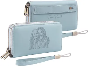 Personalized RFID Wallets for Women  Custom Name & Photo Leather Clutch, Double Zipper Large Capacity Wristlet, Mothers Day Wallet Gift for Mom Wife (BLUE)