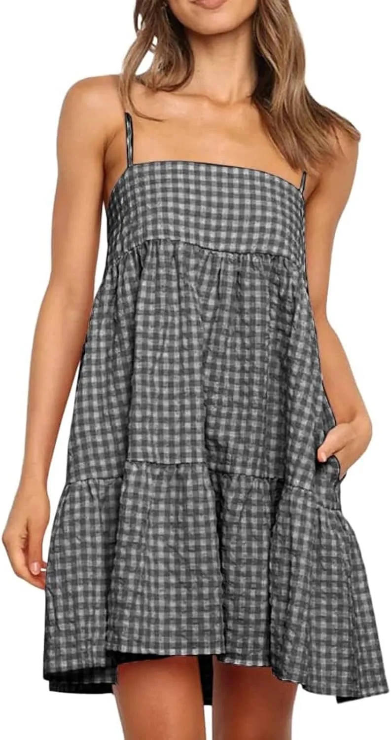 Plaid Dress for Women 2025 Fashion Spaghetti Strap Sleeveless Ruffle Hem Mini Dresses Summer Boho Flowy Beach Dress