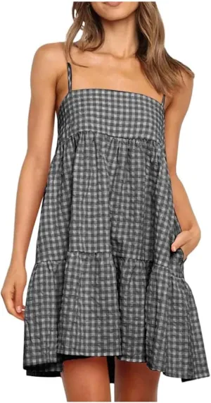 Plaid Dress for Women 2025 Fashion Spaghetti Strap Sleeveless Ruffle Hem Mini Dresses Summer Boho Flowy Beach Dress