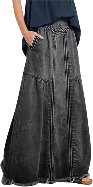 Plus Size Jean Skirt for Women Stretchy Loose Fit Comfy Cotton Denim Skirt with Pocket High Waisted Tassel Hem Skirts