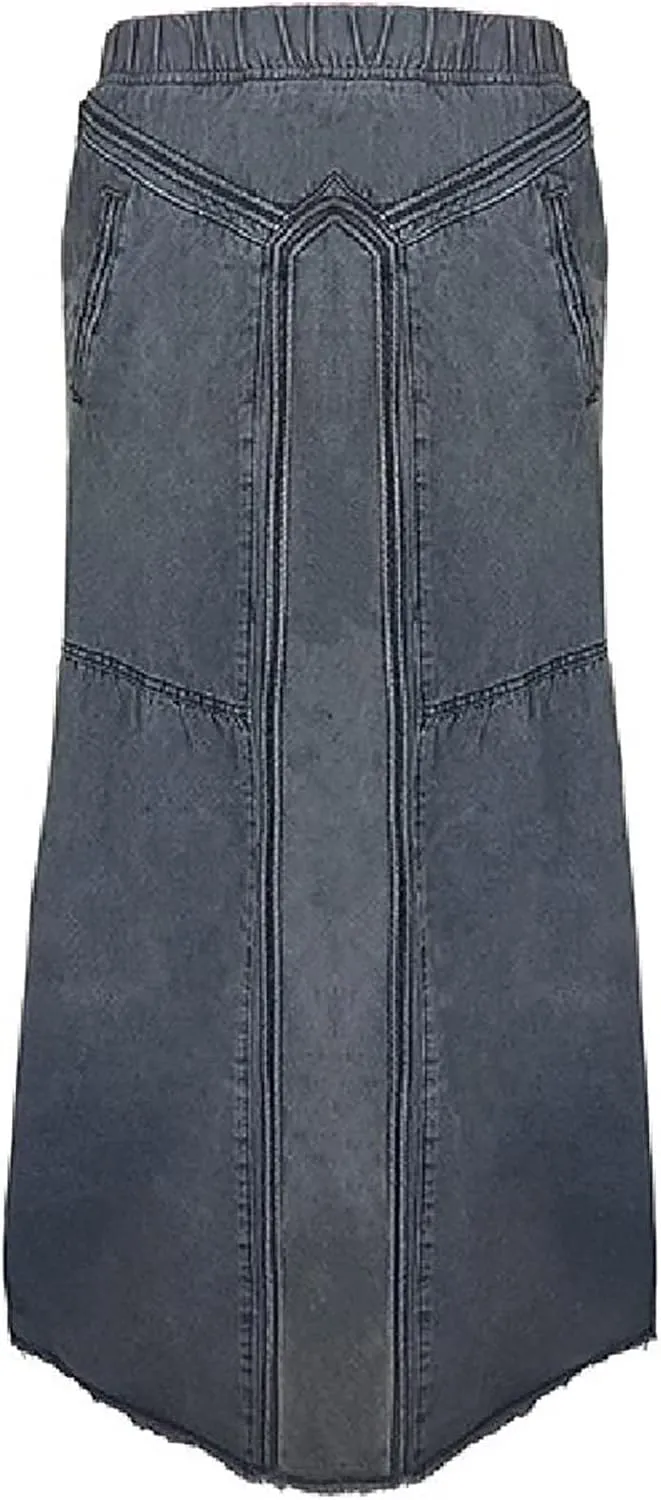 Plus Size Jean Skirt for Women Stretchy Loose Fit Comfy Cotton Denim Skirt with Pocket High Waisted Tassel Hem Skirts