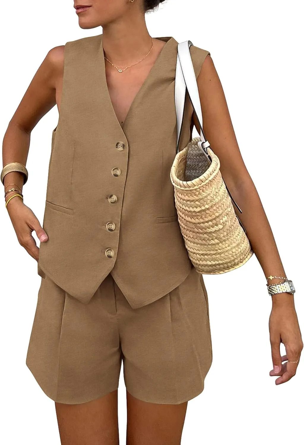 PRETTYGARDEN Women's Summer 2 Piece Outfits Sleeveless Matching Sets Button Down V Neck Vest Waistcoat and Pockets Shorts