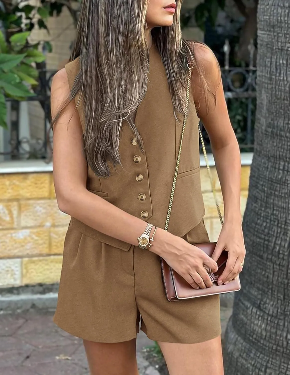 PRETTYGARDEN Women's Summer 2 Piece Outfits Sleeveless Matching Sets Button Down V Neck Vest Waistcoat and Pockets Shorts