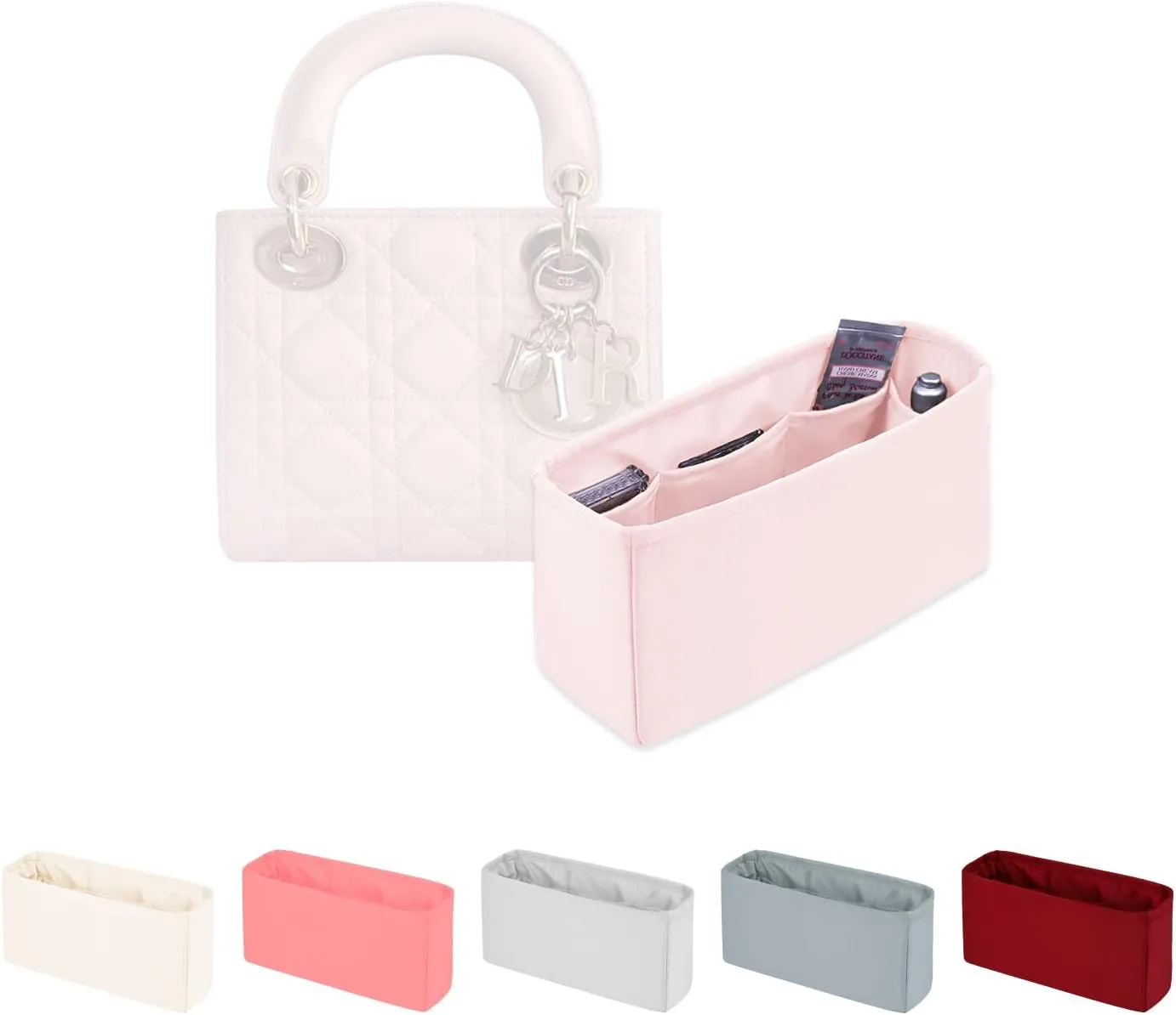 Purse Organizer for Lady-Dior Purse, Soft Satin Bag Insert, Inner Bags with Multiple Pockets for Storage (Small, Pink)