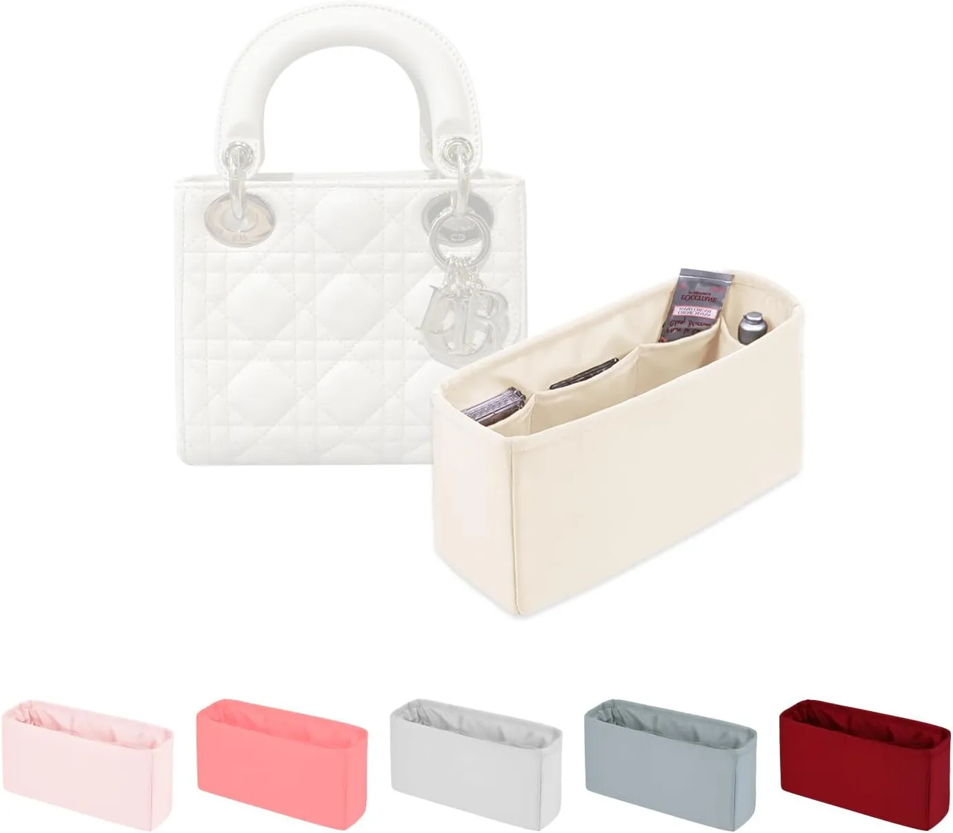Purse Organizer for Lady-Dior, Satin Purse Storage Organizer, Inner Bags with Multiple Pockets for Storage (Small, Craie)