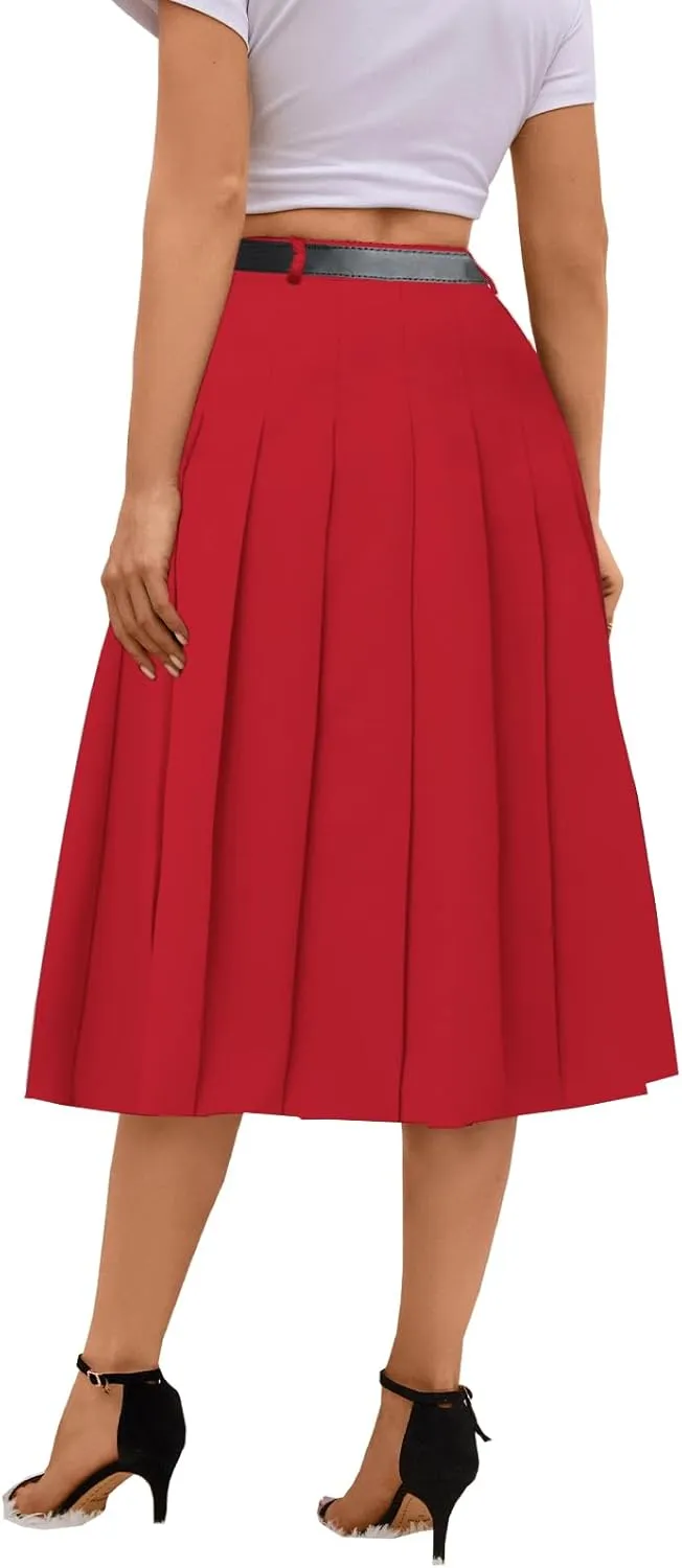 SANGTREE Women's Girls A-Line Long Pleated High Waist Fashion Skirt, School Uniform Cosplay