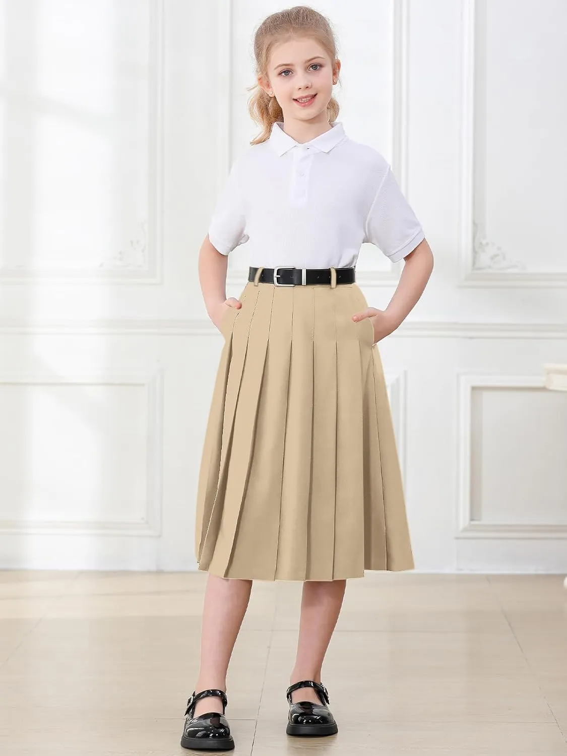 SANGTREE Women's Girls A-Line Long Pleated High Waist Fashion Skirt, School Uniform Cosplay