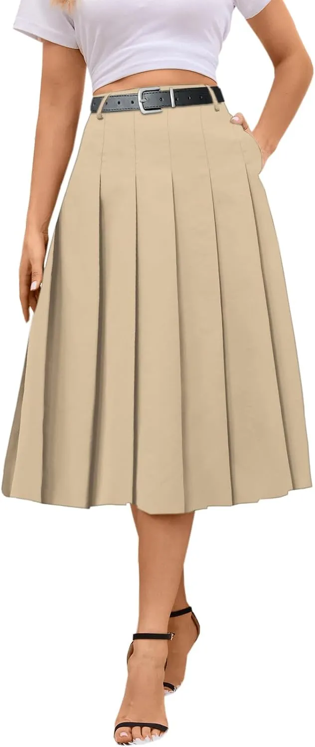 SANGTREE Women's Girls A-Line Long Pleated High Waist Fashion Skirt, School Uniform Cosplay