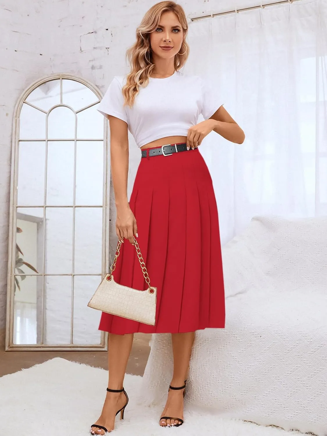 SANGTREE Women's Girls A-Line Long Pleated High Waist Fashion Skirt, School Uniform Cosplay
