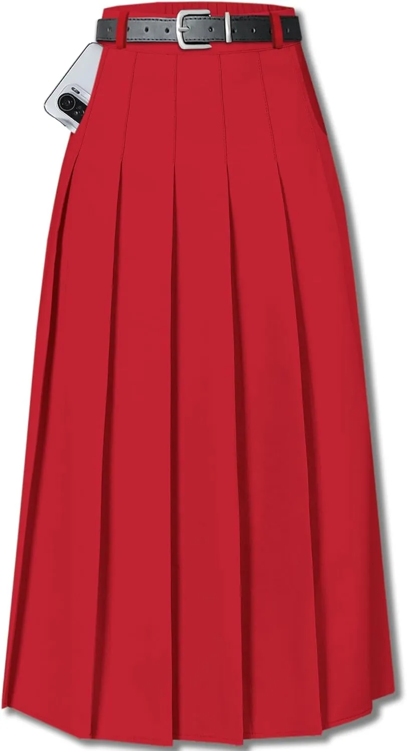 SANGTREE Women's Girls A-Line Long Pleated High Waist Fashion Skirt, School Uniform Cosplay