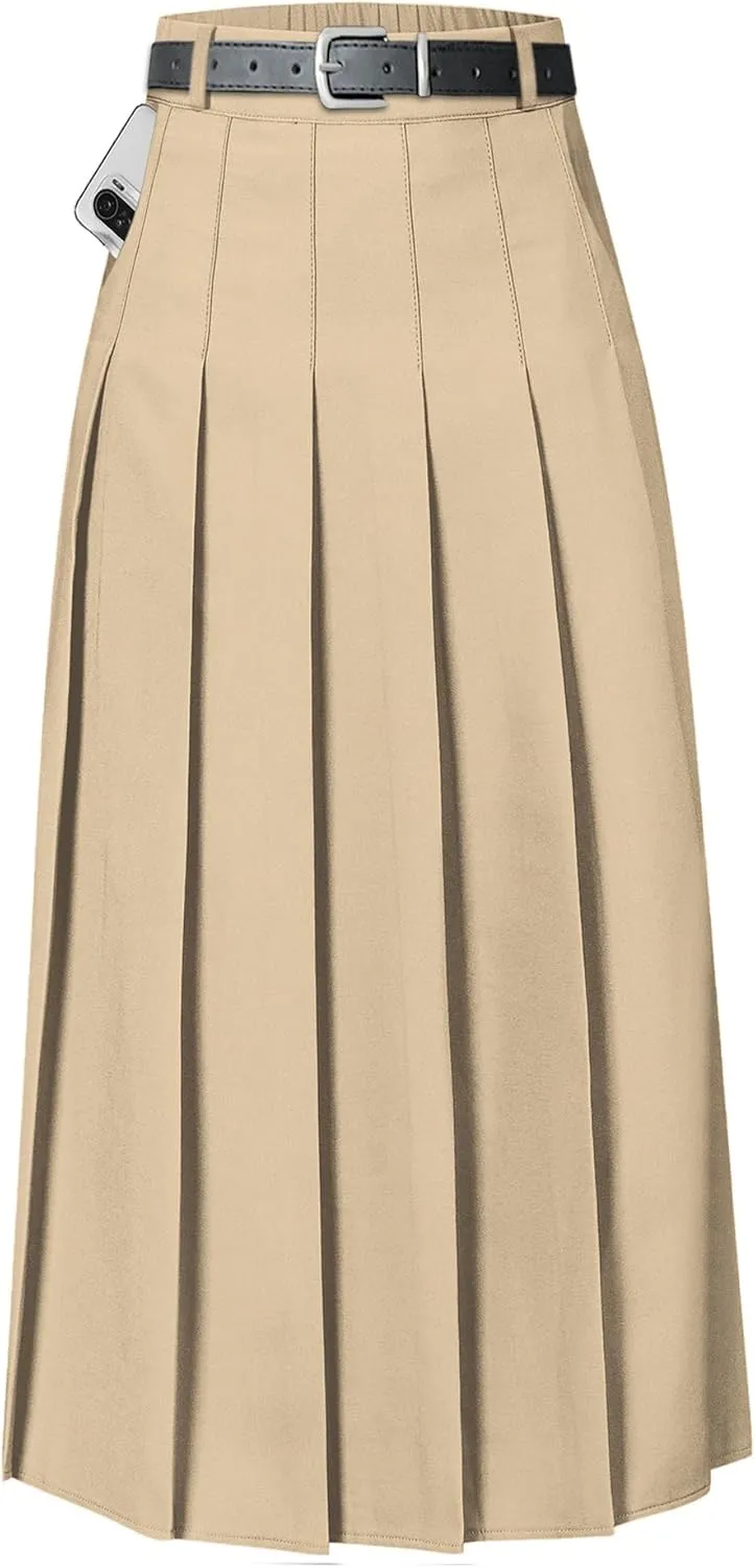 SANGTREE Women's Girls A-Line Long Pleated High Waist Fashion Skirt, School Uniform Cosplay