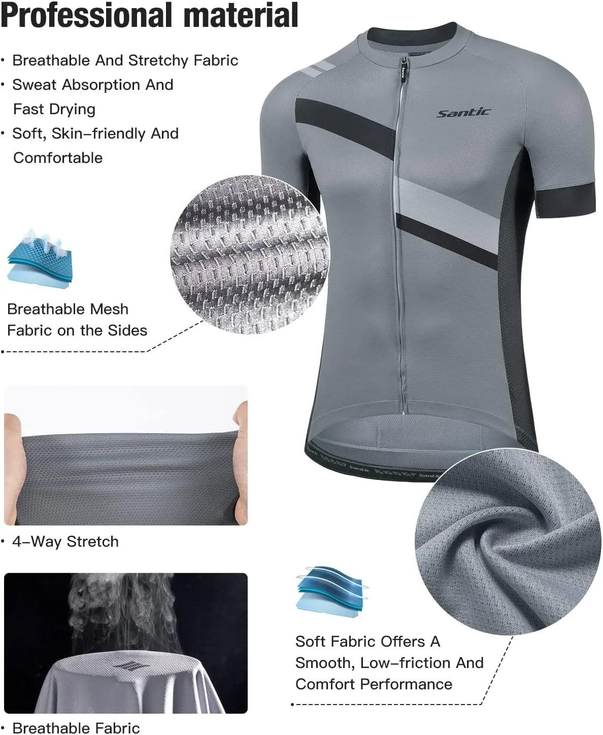 Santic Men's Cycling Jersey Shorts Sleeve Tops Pro Road Bike Bicycle Shirt Full Zip UPF 50  MTB Jersey with Pockets
