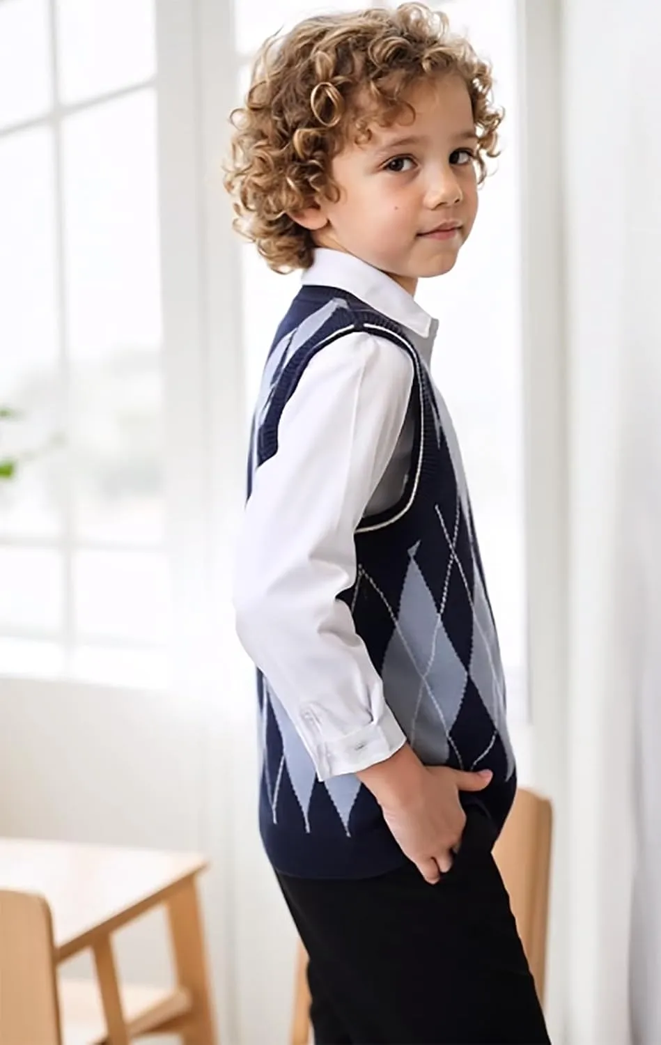 SELINK Boys Girls School Uniform Sweater Vest V Neck Soft Comfy Pullover Trendy Argyle Knitted Waistcoat Vest