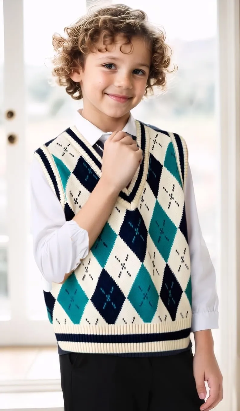 SELINK Boys Girls School Uniform Sweater Vest V Neck Soft Comfy Pullover Trendy Argyle Knitted Waistcoat Vest