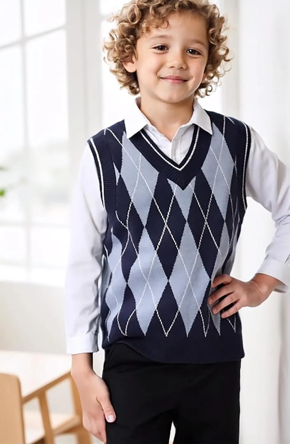 SELINK Boys Girls School Uniform Sweater Vest V Neck Soft Comfy Pullover Trendy Argyle Knitted Waistcoat Vest