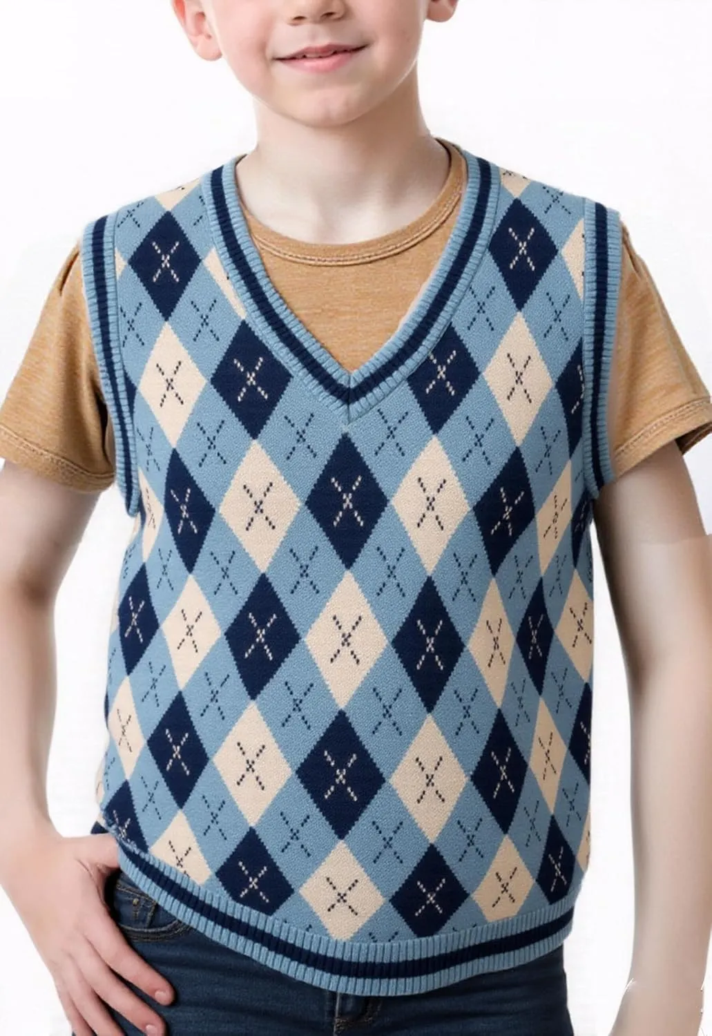 SELINK Boys Girls School Uniform Sweater Vest V Neck Soft Comfy Pullover Trendy Argyle Knitted Waistcoat Vest