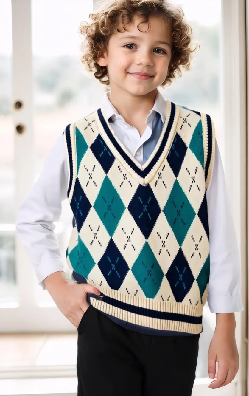 SELINK Boys Girls School Uniform Sweater Vest V Neck Soft Comfy Pullover Trendy Argyle Knitted Waistcoat Vest