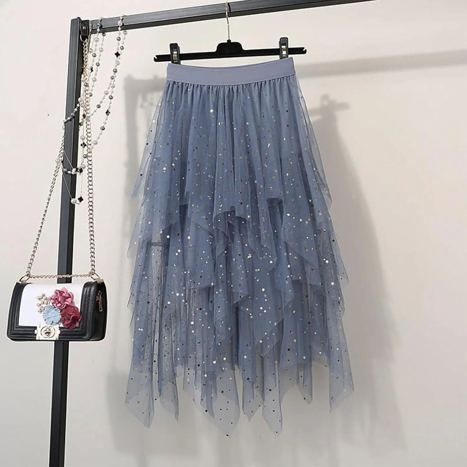 Sequin Skirt for Women Midi Long Tulle Skirts Tiered Tutu High Low Mesh Layered Elastic Waist Party Clothes