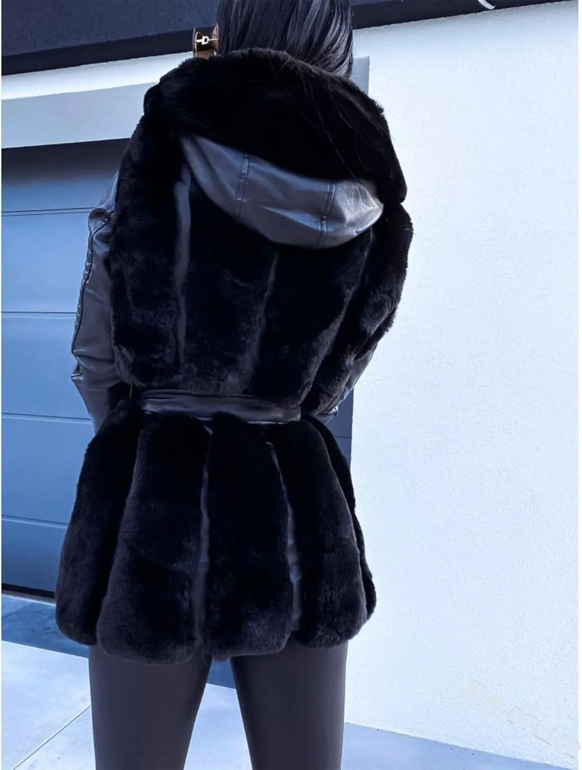 Sexyshine Women's Faux Fur Jacket Faux Leather Shearling fleece Fur Lined Coat Zipper Up Hooded Parka Overcoat with Belt