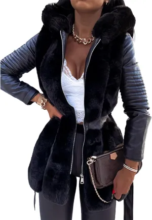 Sexyshine Women's Faux Fur Jacket Faux Leather Shearling fleece Fur Lined Coat Zipper Up Hooded Parka Overcoat with Belt