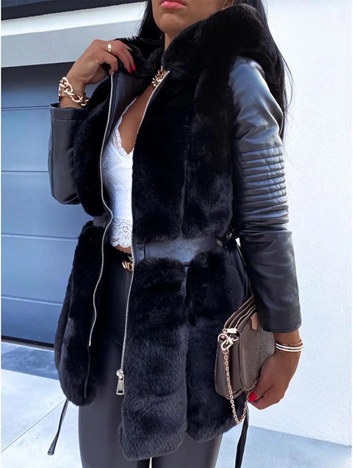 Sexyshine Women's Faux Fur Jacket Faux Leather Shearling fleece Fur Lined Coat Zipper Up Hooded Parka Overcoat with Belt