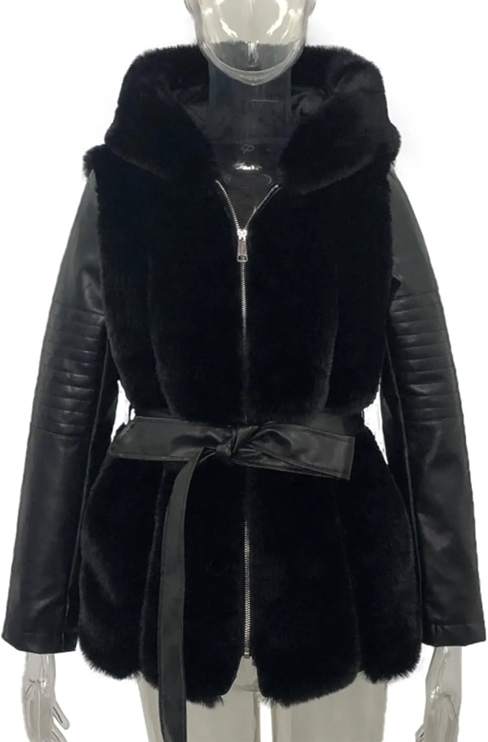 Sexyshine Women's Faux Fur Jacket Faux Leather Shearling fleece Fur Lined Coat Zipper Up Hooded Parka Overcoat with Belt