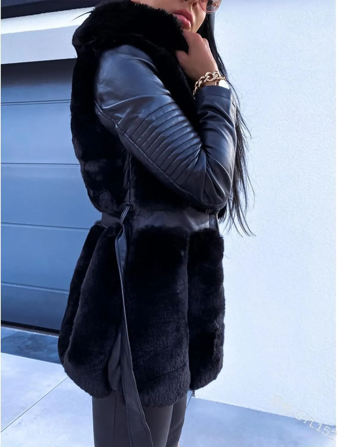 Sexyshine Women's Faux Fur Jacket Faux Leather Shearling fleece Fur Lined Coat Zipper Up Hooded Parka Overcoat with Belt