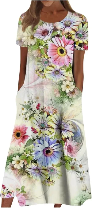 SGASY Summer Dresses for Women 2024 Short Sleeve High Waist Floral Pockets Sun Dress Plus Size Dresses for Curvy Women