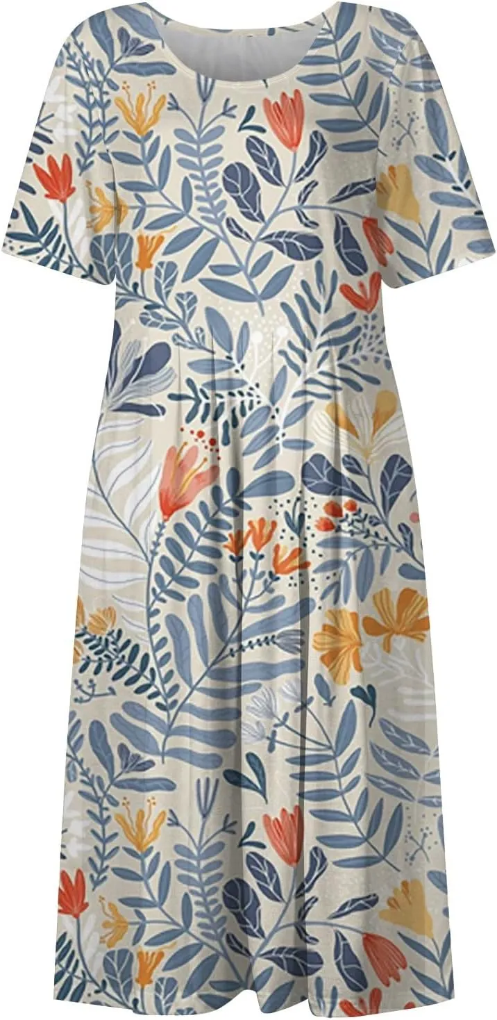 SGASY Summer Dresses for Women 2024 Short Sleeve High Waist Floral Pockets Sun Dress Plus Size Dresses for Curvy Women