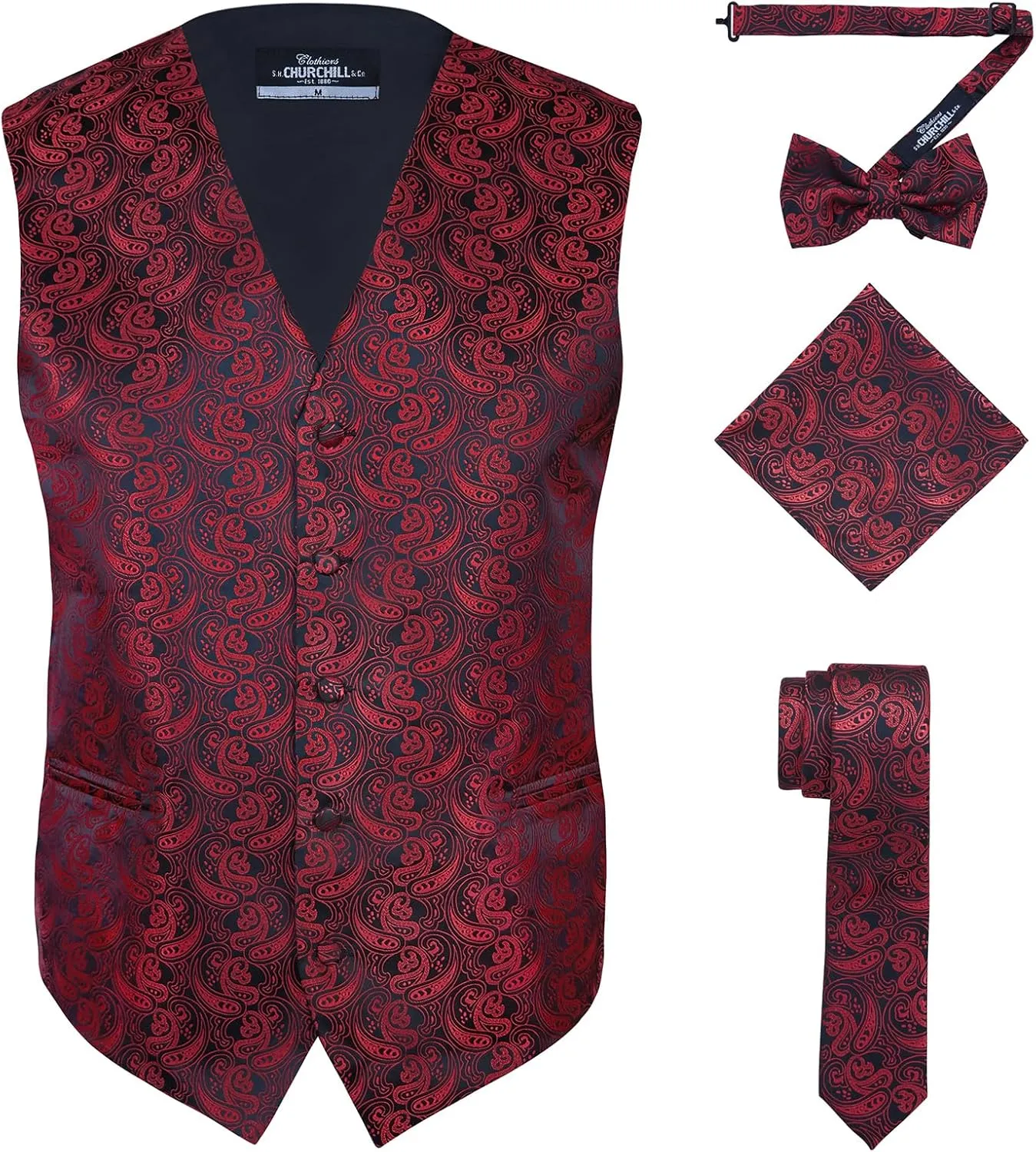 S.H. Churchill & Co. Men's 4 Piece Paisley Vest Set, with Bow Tie, Neck Tie & Pocket Hanky