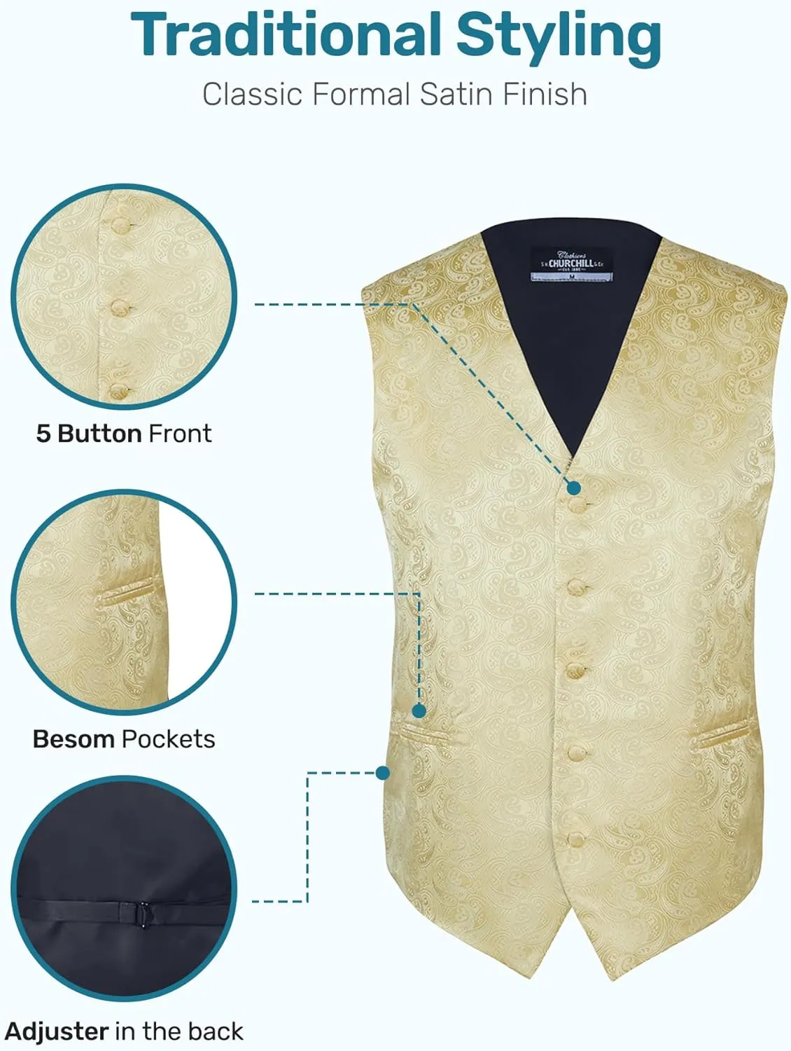 S.H. Churchill & Co. Men's 4 Piece Paisley Vest Set, with Bow Tie, Neck Tie & Pocket Hanky