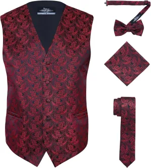 S.H. Churchill & Co. Men's 4 Piece Paisley Vest Set, with Bow Tie, Neck Tie & Pocket Hanky