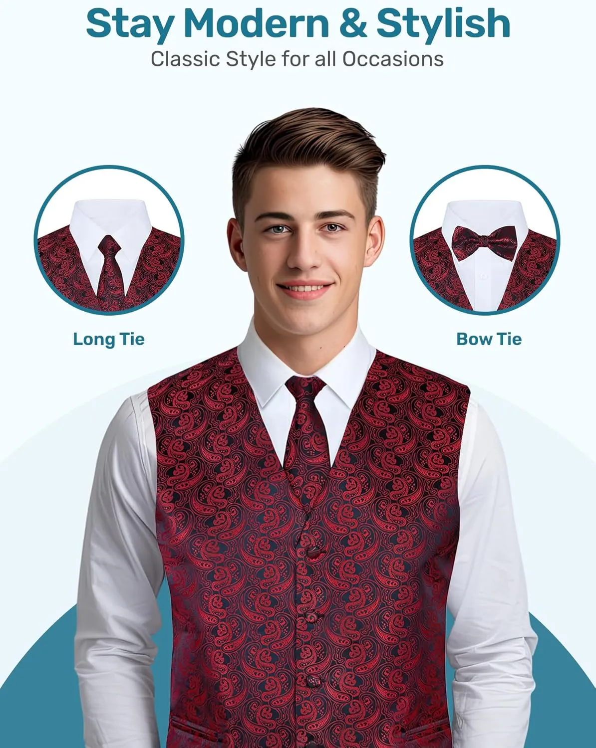 S.H. Churchill & Co. Men's 4 Piece Paisley Vest Set, with Bow Tie, Neck Tie & Pocket Hanky
