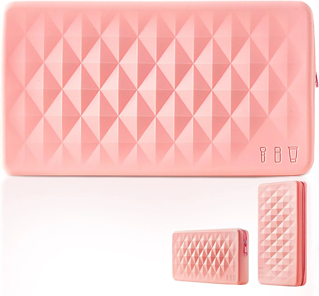 Silicone Makeup Brush Storage Bag,Travel Cosmetic Bag for Women,Zipper Cosmetic Bag,Organize The Beauty Tools For Easy Storage,The appearance of a diamond-shaped pattern. (Pink)