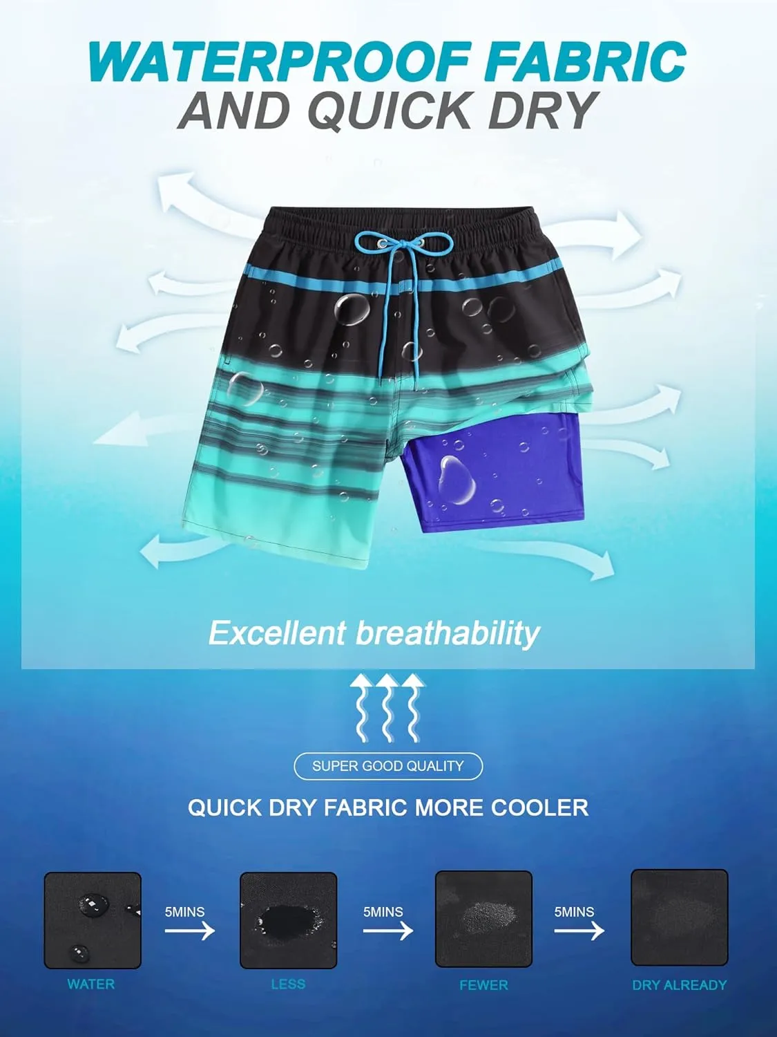 SILKWORLD Mens Swim Trunks Quick Dry Compression Liner 2 in 1 Shorts Men Swimsuit