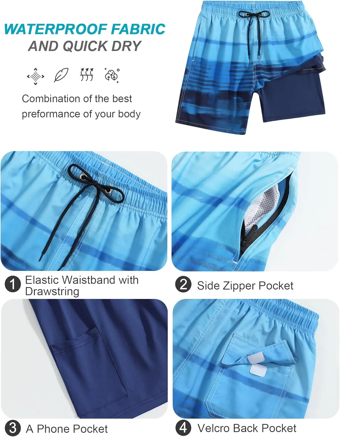 SILKWORLD Mens Swim Trunks Quick Dry Compression Liner 2 in 1 Shorts Men Swimsuit