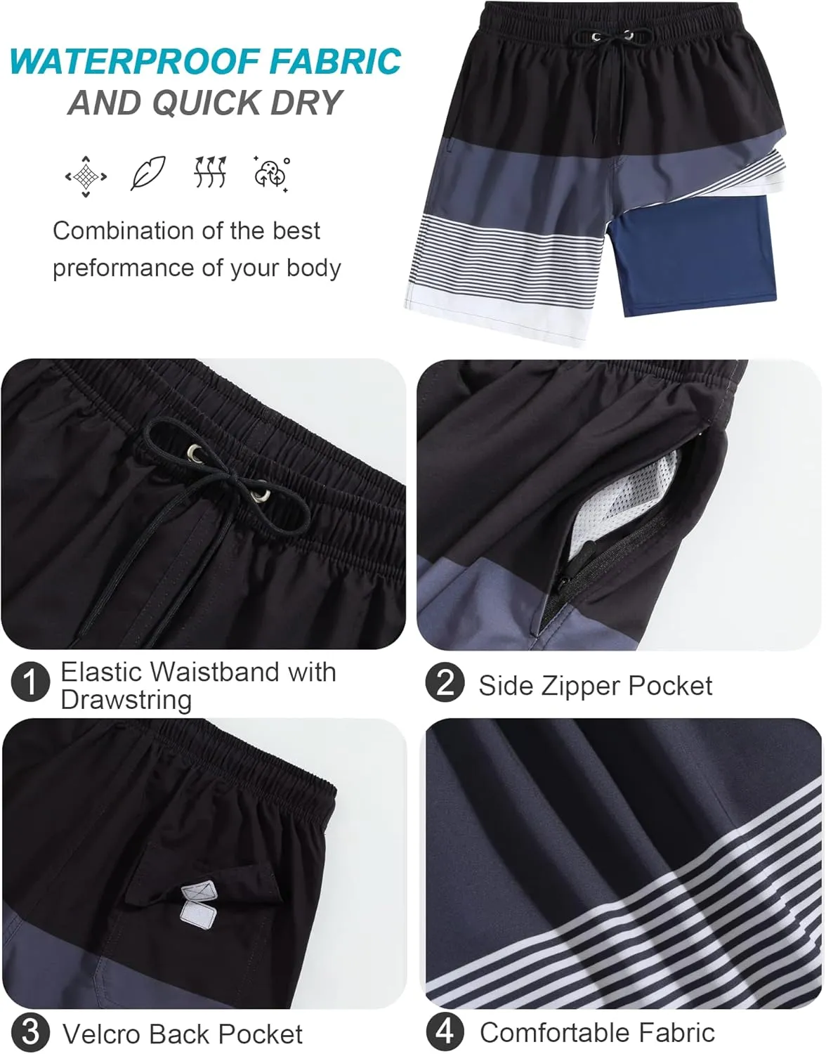 SILKWORLD Mens Swim Trunks Quick Dry Compression Liner 2 in 1 Shorts Men Swimsuit
