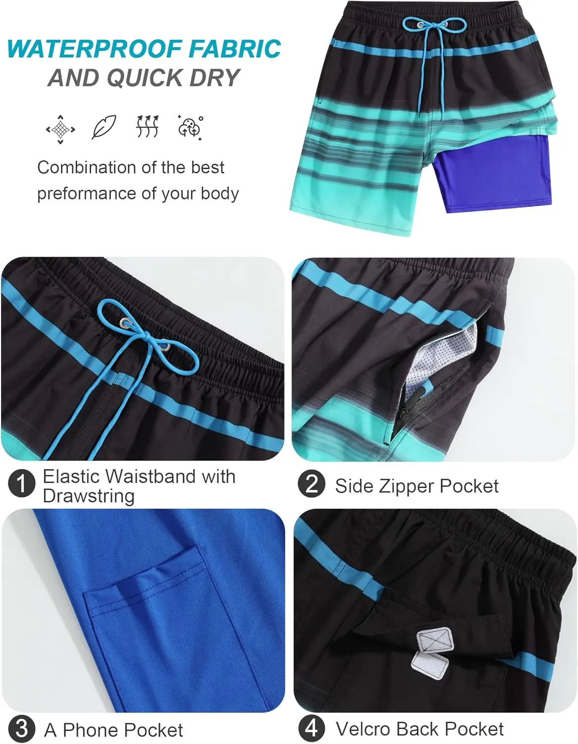 SILKWORLD Mens Swim Trunks Quick Dry Compression Liner 2 in 1 Shorts Men Swimsuit