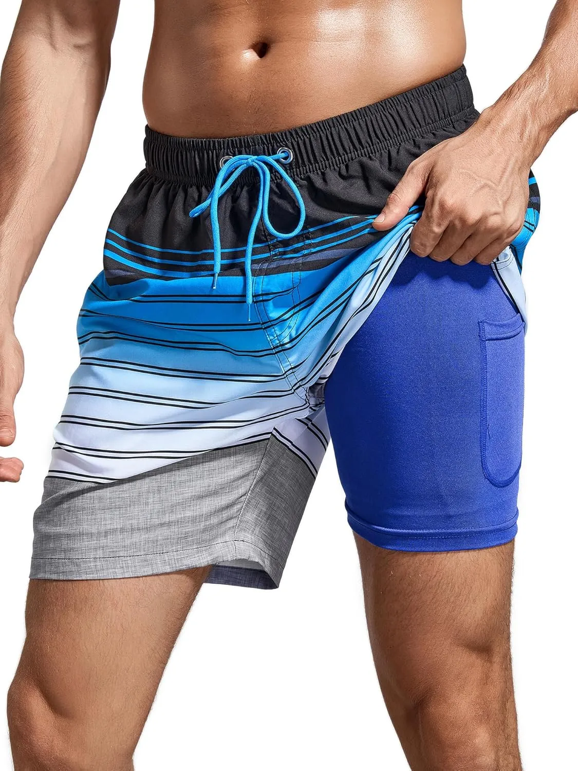 SILKWORLD Mens Swim Trunks Quick Dry Compression Liner 2 in 1 Shorts Men Swimsuit