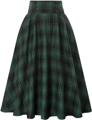 Skirts for Women Skirts for Women Plaid Skirts Vintage High Waist A-Line Midi Pleated Skirts (Color : Green, Size : Large)