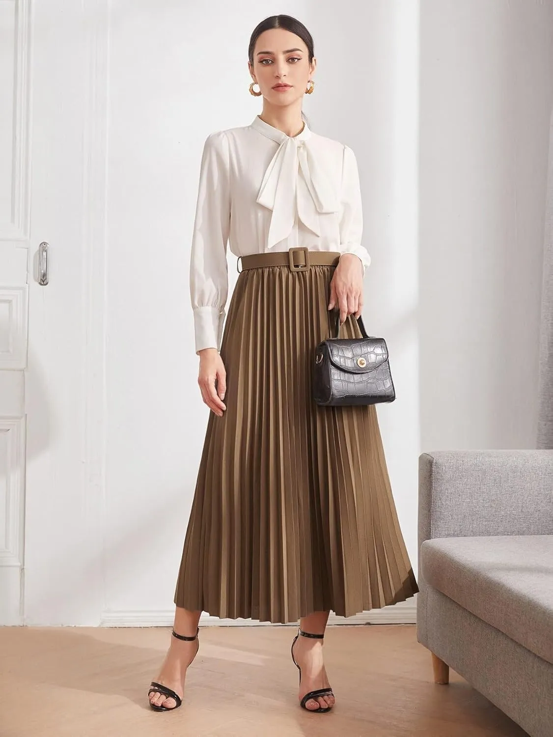 Skirts for Women Trendy Summer 2023 High Waist Solid Belted Pleated Elegant Skirt Long Skirt