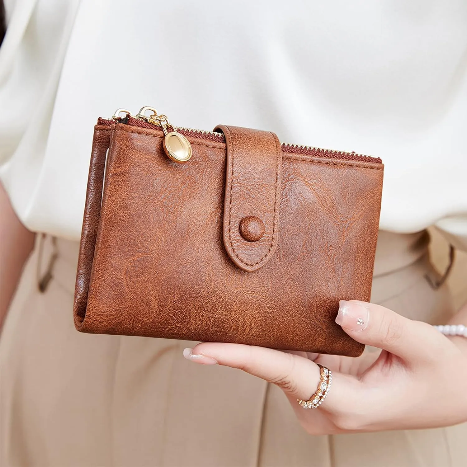 Small Wallets for Women Leather RFID Blocking Bifold Double Zipper Pockets Wallet Card Case Purse with 2 ID Windows