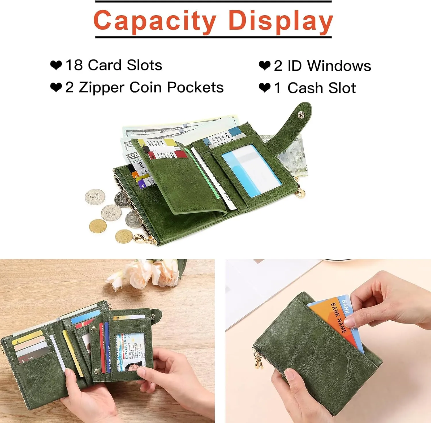 Small Wallets for Women Leather RFID Blocking Bifold Double Zipper Pockets Wallet Card Case Purse with 2 ID Windows